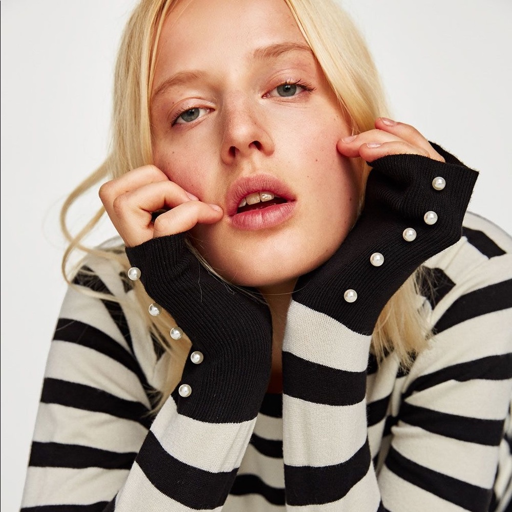 Zara B&W striped sweater with pearl accents size S